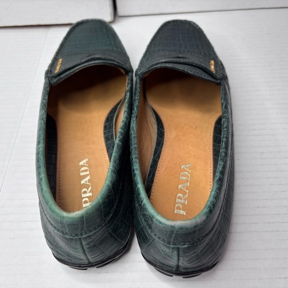 PRADA Penny Driving Green Embossed Crocodile Loafers Size 7.5 - Picture 6 of 10